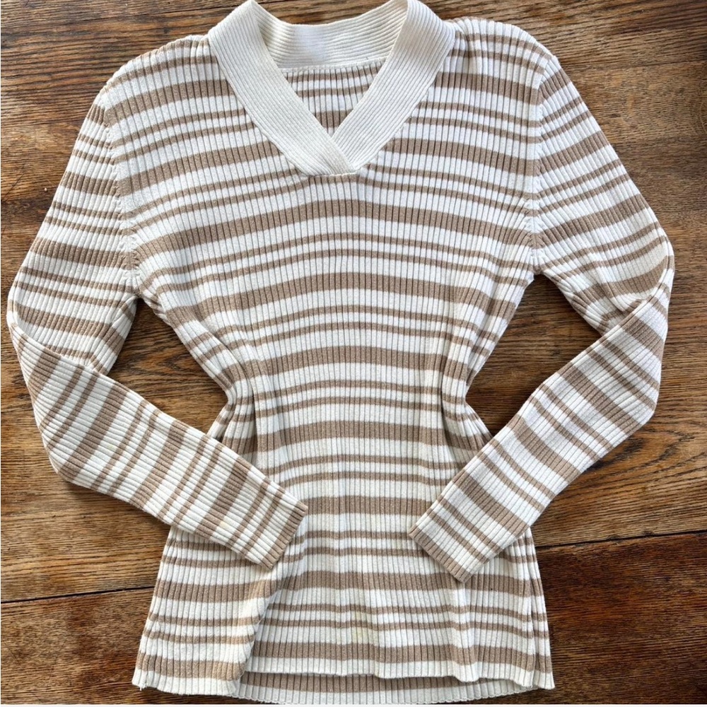 Striped V-Neck Sweater - Cream and Brown